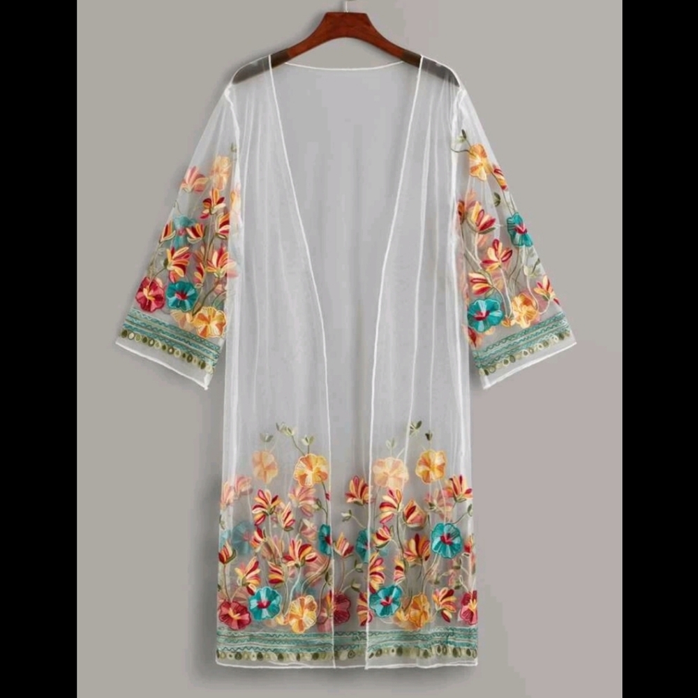 Embroidery Mesh Long Kimono Cover up
